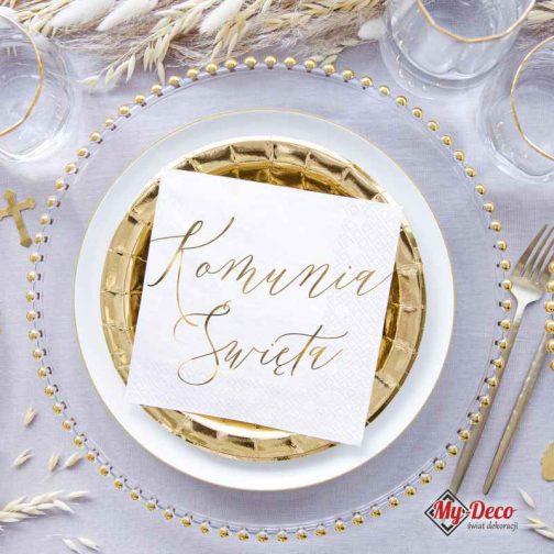 Serwetki białe Złoty napis Komunia Święta Dekoracja stołu