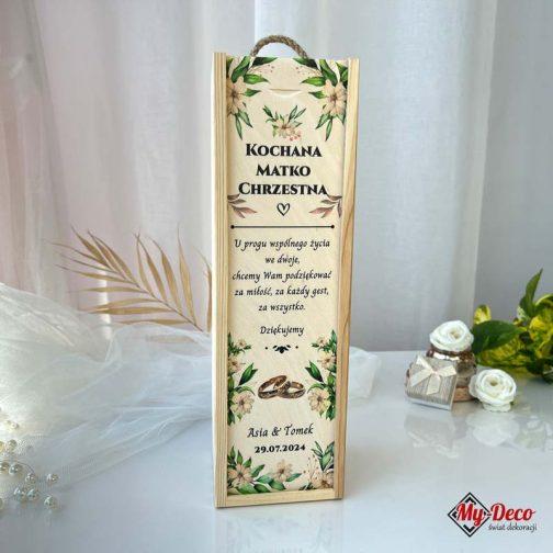 Skrzynka na alkohol dla Chrzestnych Ślub MD714 z zielonymi listkami i białymi kwiatkami.