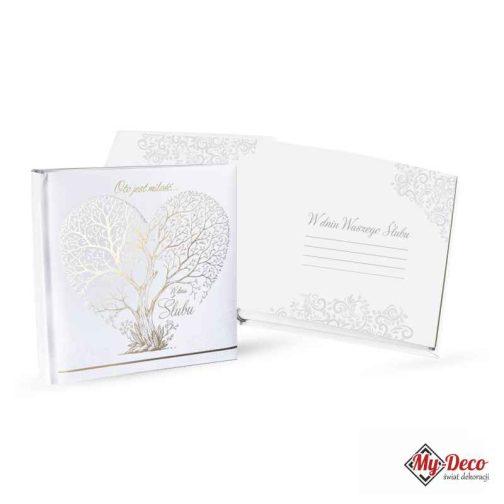 Album na zdjęcia ślubne Prezent dla Młodej Pary Złoty napis w dniu ślubu, motyw graficzny złotego drzewa w kształcie serca.