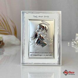 Obrazek Srebrny Twój Anioł Stróż Chrzest Komunia MD763 Obrazek srebrny z wizerunkiem Aniołka modlącego się z laminatem z tyłu i personalizacją.