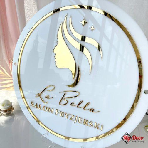 Logo 3D Fryzjer z Plexi na ścianę koło salon fryzjerski. Okrągły szyld ze szkła akrylowego ze złotymi literami i grafiką złota pleksi.