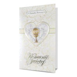 Duży Karnet pamiątka na komunię z życzeniami złoty IHS