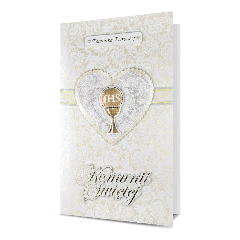 Duży Karnet pamiątka na komunię z życzeniami złoty IHS