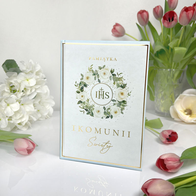 Pamiątka komunijna dla chłopca książeczka z życzeniami złoty IHS 60-0