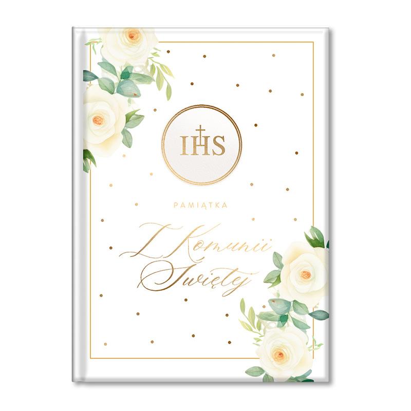 Książeczka pamiątka na pierwszą komunię złoty napis IHS 58-7