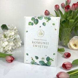 Książeczka pamiątka komunijna złoty napis IHS zielony eukaliptus