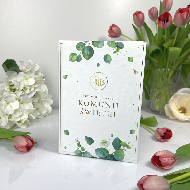 Książeczka pamiątka komunijna złoty napis IHS zielony eukaliptus