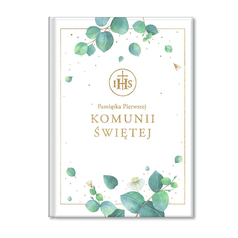 Książeczka pamiątka komunijna złoty napis IHS zielony eukaliptus