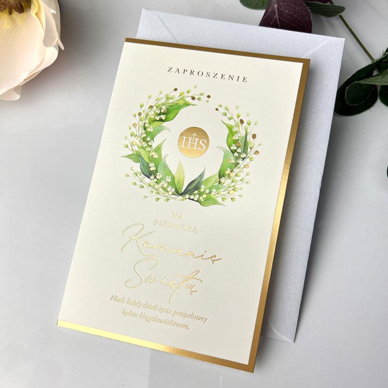 Zaproszenia komunijne złote napisy kwiat konwalii zestaw 5 sztuk Star-61 - obrazek 2