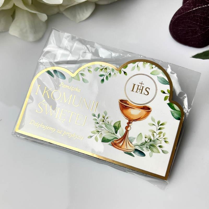 Magnes komunijny z eukaliptusem i złoceniem – pamiątka dla gości