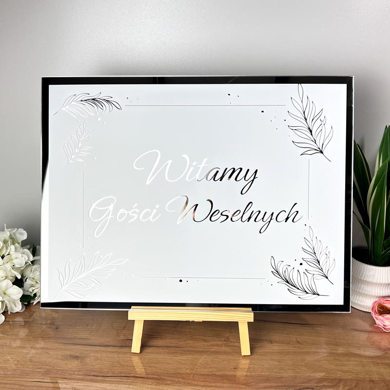 Tablica na Powitanie Gości Weselnych – Srebrne Lustro z Nadrukiem MD1313