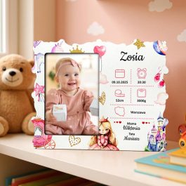 Metryczka Ramka Prezent na Roczek dla Dziewczynki MD137. Metryczka z danymi urodzenia dziecka, wykonana nadrukiem uv z motywem księżniczki.