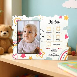 Metryczka z Danymi Urodzenia Dziecka Kolorowy Nadruk MD1373. Ramka z danymi dziecka personalizowana z kolorowym nadrukiem uv.