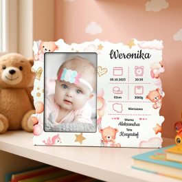 Ramka z Imieniem Dziecka i Metryczką Urodziny Chrzest MD1370. Ramka z kolorowym nadrukiem uv różowych misi.