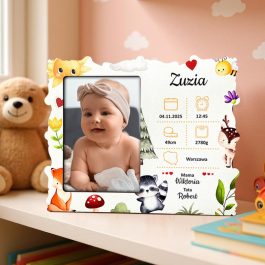 Ramka z Metryczką Dziecka – Prezent na Narodziny MD1372. Metryczka z danymi dziecka z miejscem na zdjecie z kolorowym nadrukiem uv kolorowych zwierzątek.