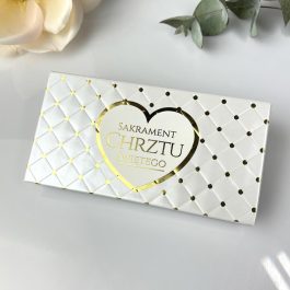 Pudełko Ozdobne na Pieniądze Pamiątka na Chrzest. Białe pudełko na pieniądze na chrzest z napisem Sakrament Chrztu Świętego, zdobione folią hot-stamp, zamykane na magnes