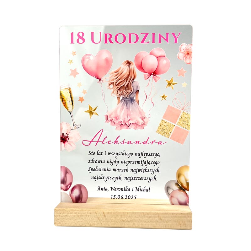 Statuetka Dyplom Nadruk Prezent na 18 dla Chrześnicy. statuetka z kolorowym nadrukiem balonów rózowych na szkle akrylowym.