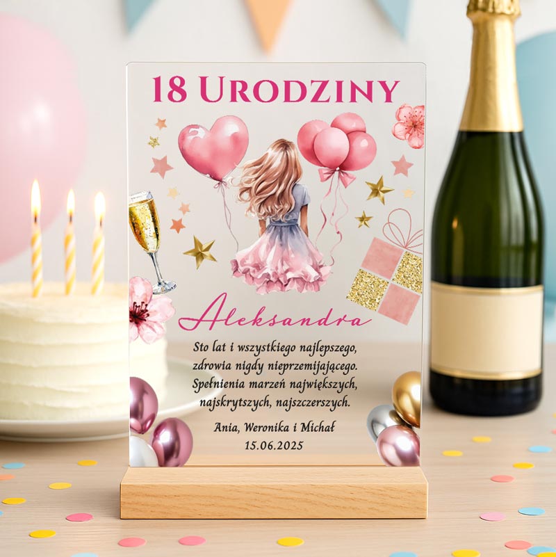 Statuetka Dyplom Nadruk Prezent na 18 dla Chrześnicy. statuetka z kolorowym nadrukiem balonów rózowych na szkle akrylowym.