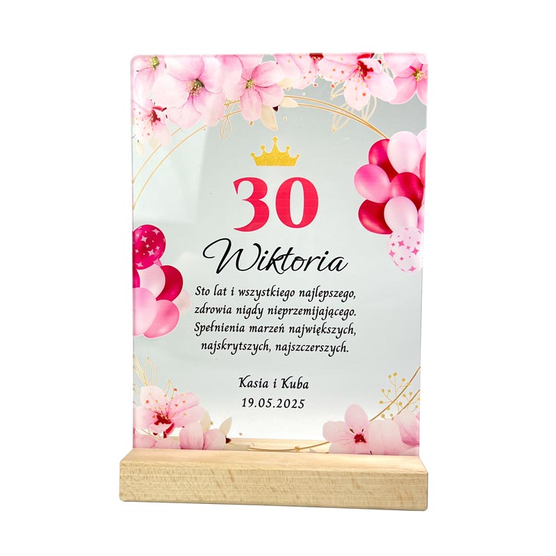 Statuetka Dyplom z Pleksi Prezent na 30 Kobiecie z kolorowym nadrukiem różowych kwiatów i balonów.