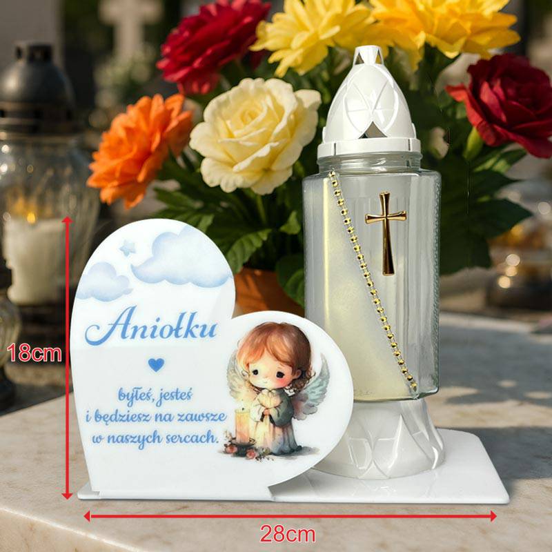 Statuetka na Grób Dziecka Serce Białe z Aniołkiem. Napisy i grafika w kolorze niebieskim dedykowana dla chłopca.