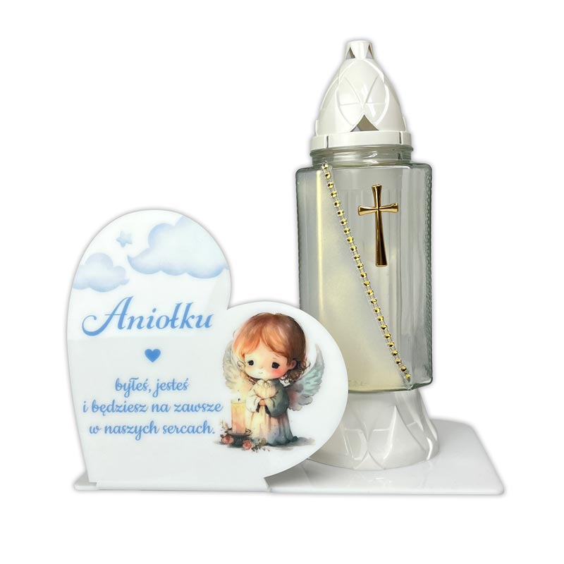 Statuetka na Grób Dziecka Serce Białe z Aniołkiem. Napisy i grafika w kolorze niebieskim dedykowana dla chłopca.
