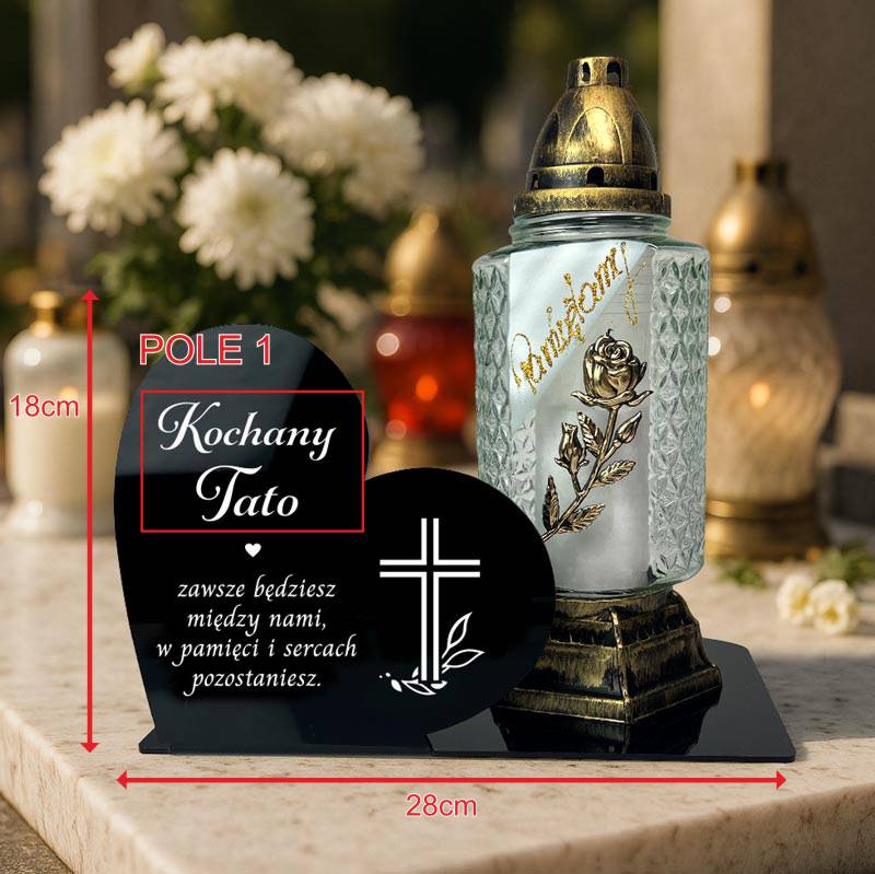 Statuetka na Grób Serce Czarna Pleksi Nadruk z Dedykacją w rozmiarze 28x18 cm. Na statuetce jest nadrukowany krzyż i stała niezmienna sentencja.
