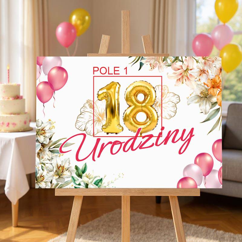Tablica Powitalna na Urodziny 18, 20, 30, 40, 50 Dekoracja. Personalizowana tablica powitalna na urodziny z kolorowym nadrukiem UV, z wiekiem, dekoracja z PCV 50x70 cm. Wokół tablicy znajdują się kolorowe kwiaty i różowe balony.