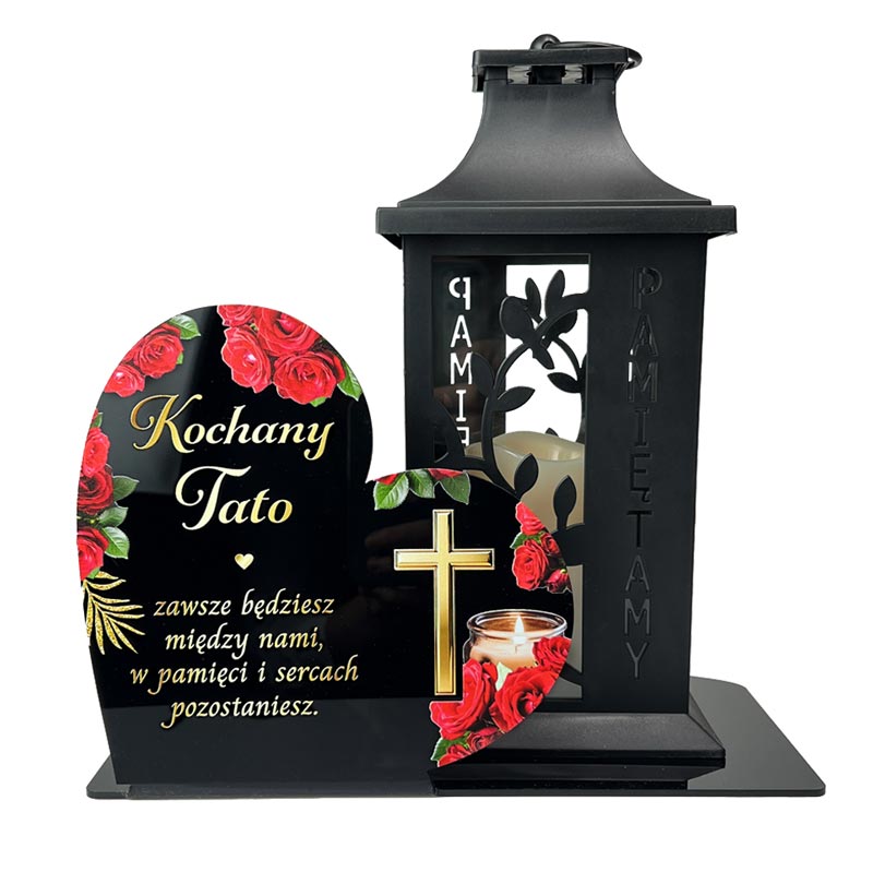 Dekoracja Nagrobna Serce Szkło Akrylowe – Podstawka na Znicz MD1416. Podstawka pod znicz w kształcie serca z czerwonymi różami – personalizowana ozdoba nagrobna z pleksi