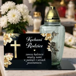 Dekoracja na grób z pleksi – Statuetka dla Rodziców MD1419. Statuetka z czarnej pleksi na cmentarz z kolorowym nadrukiem UV złotych róż i dedykacją.