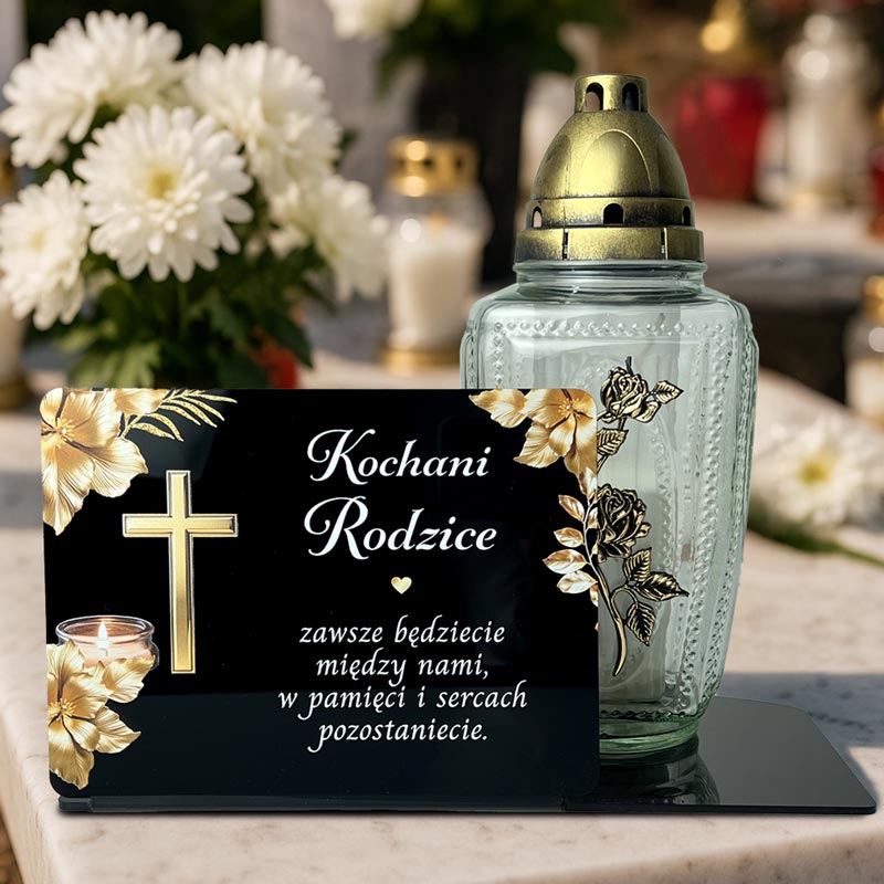 Dekoracja na grób z pleksi – Statuetka dla Rodziców MD1419. Statuetka z czarnej pleksi na cmentarz z kolorowym nadrukiem UV złotych róż i dedykacją.