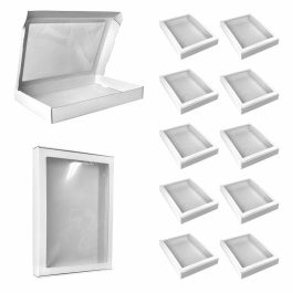 Białe pudełko prezentowe z okienkiem 420x300x50 mm – zestaw 10 sztuk, idealne na podziękowania ślubne, komunijne i jubileuszowe prezenty.