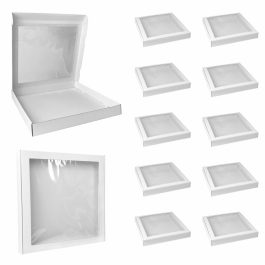 Białe pudełko prezentowe z okienkiem 450x450x50 mm – zestaw 10 sztuk, idealne na podziękowania ślubne, komunijne i jubileuszowe prezenty.