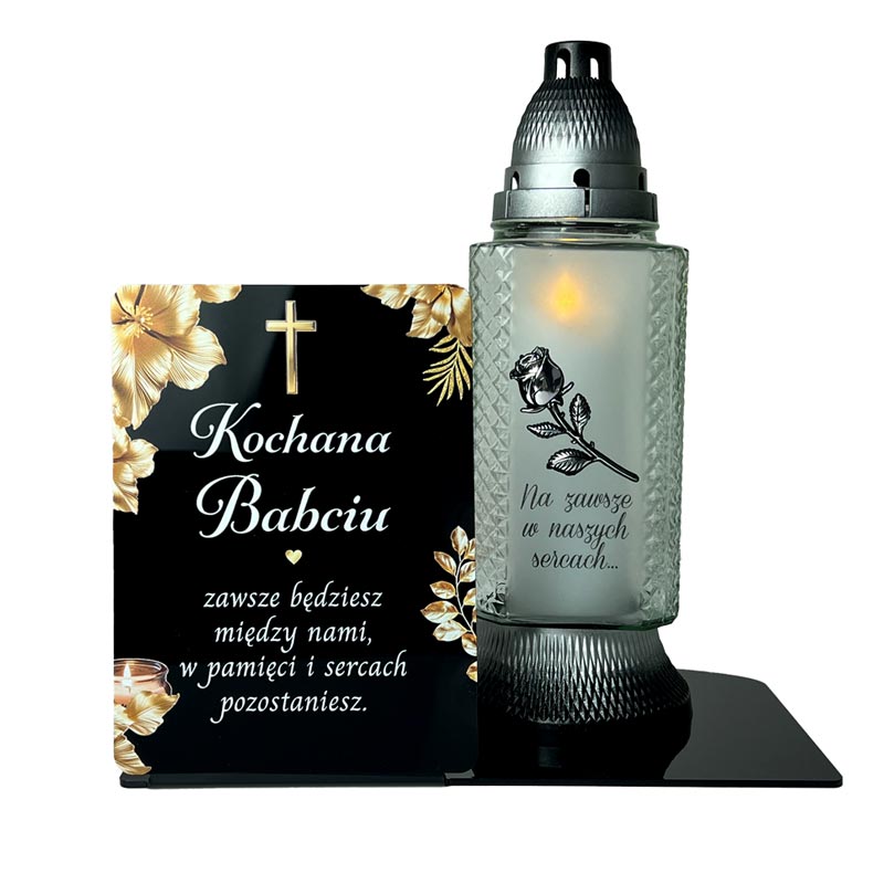 Statuetka Nagrobna Złote Róże na Cmentarz dla Babci MD1418. Statuetka z czarnej pleksi na cmentarz z kolorowym nadrukiem UV złotych róż i dedykacją.