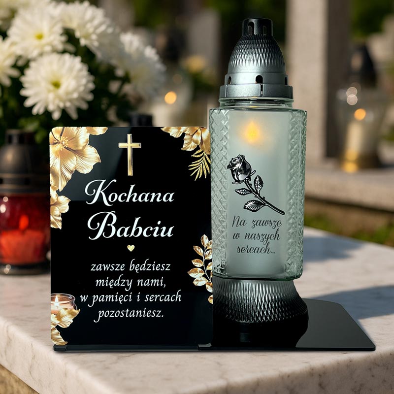 Statuetka Nagrobna Złote Róże na Cmentarz dla Babci MD1418. Statuetka z czarnej pleksi na cmentarz z kolorowym nadrukiem UV złotych róż i dedykacją.