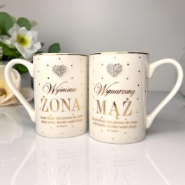 Elegancki zestaw kubków ślubnych dla nowożeńców w ozdobnym pudełku, 350 ml, ze złotymi zdobieniami – prezent na ślub.