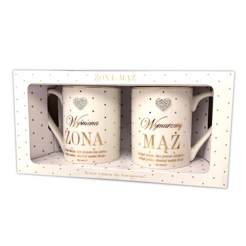 Elegancki zestaw kubków ślubnych dla nowożeńców w ozdobnym pudełku, 350 ml, ze złotymi zdobieniami – prezent na ślub.