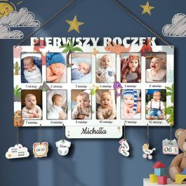 Personalizowana Ramka na 12 zdjęć z Metryczką Nadruk Dinozaurów MD1486. Personalizowana rmka na 12 zdjęc z kolorowym nadrukiem zwierzątek dinozaurów.