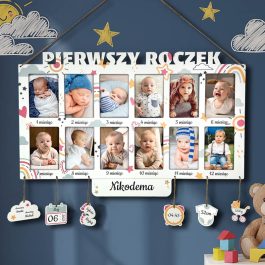 Ramka Dziecięca na 12 Zdjęć – Prezent dla Dziecka Narodziny Roczek MD1492. Personalizowana rmka na 12 zdjęc z kolorowym nadrukiem motywów dziecięcych.