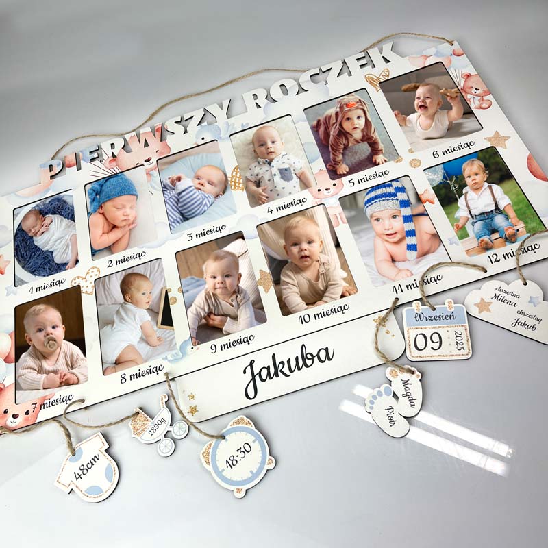 Ramka do Pokoju Dziecka z Metryczką 12 Zdjęć Nadruk Miś MD1524