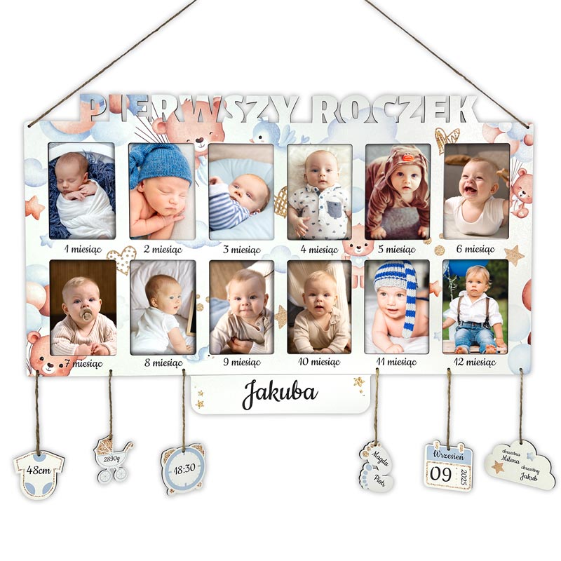 Ramka do Pokoju Dziecka z Metryczką 12 Zdjęć Nadruk Miś MD1524