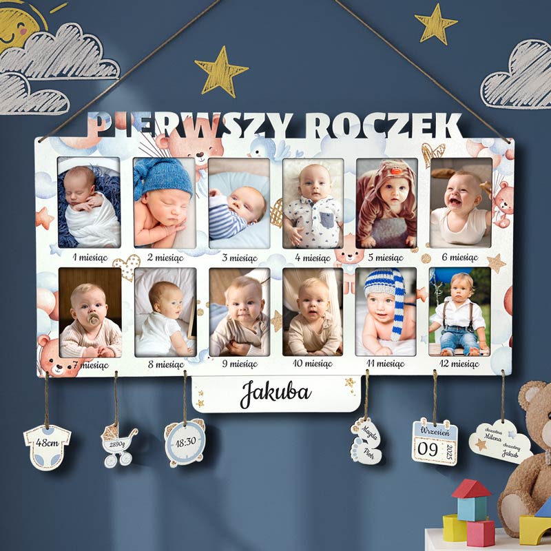 Ramka do Pokoju Dziecka z Metryczką 12 Zdjęć Nadruk Miś MD1524