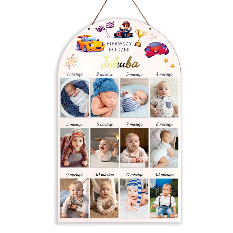 Ramka na 12 zdjęć z pierwszego roku życia chłopca, z imieniem personalizowanym nadrukiem UV lub złotą pleksi 3D, kolorowe autka, idealna na roczek lub chrzest.