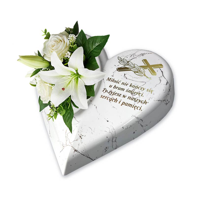 Biała doniczka na cmentarz Serce