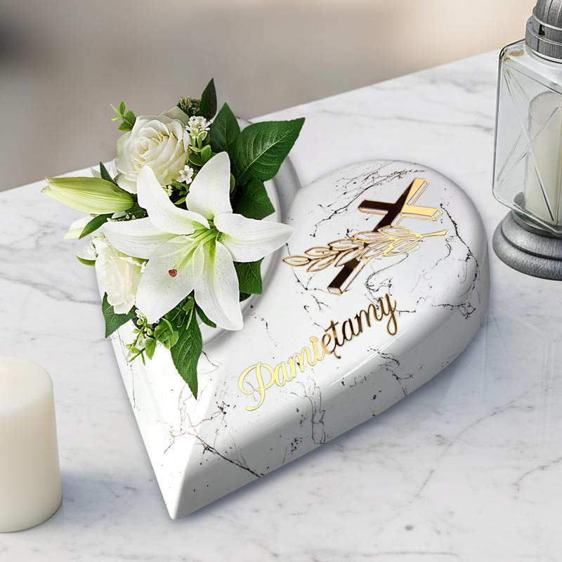 biała doniczka na grób serce