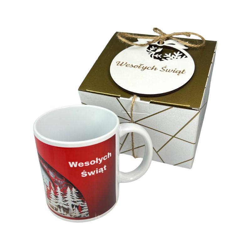 Kubek Świąteczny z Napisem Wesołych Świąt Prezenty Firmowe MD1627. kubek świąteczny z napisem Wesołych Świąt z bombką w ozdobnym pudełku prezentowym