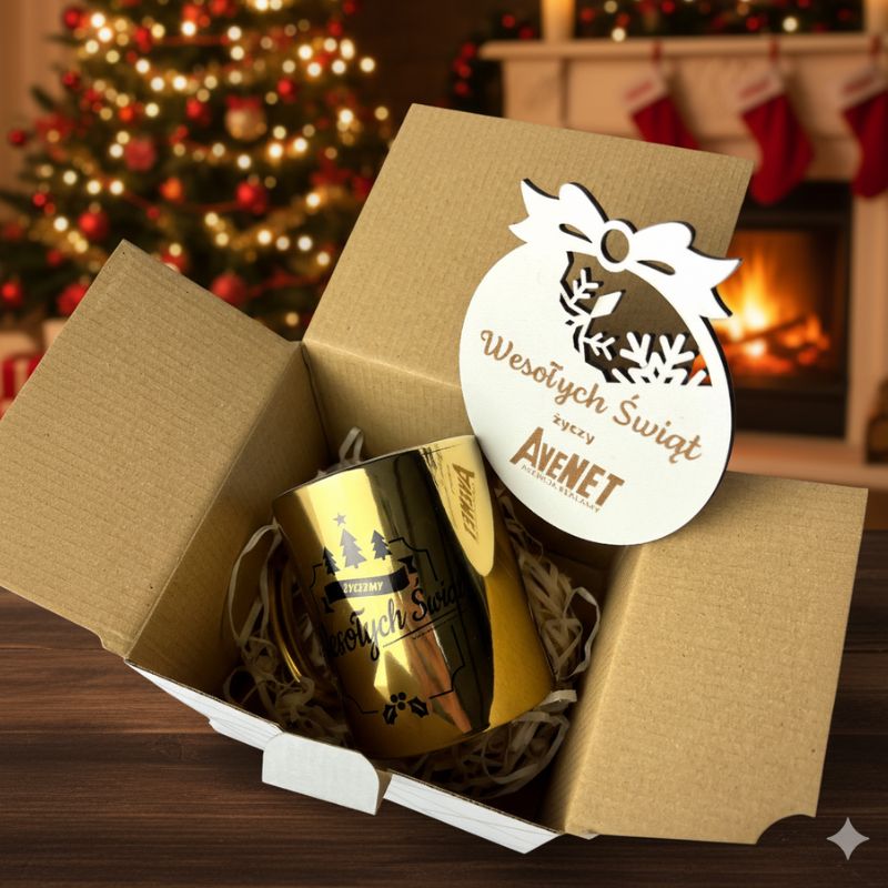 Świąteczny Kubek Złoty Wesołych Świąt Zestaw Prezentowy z Bombką MD1628