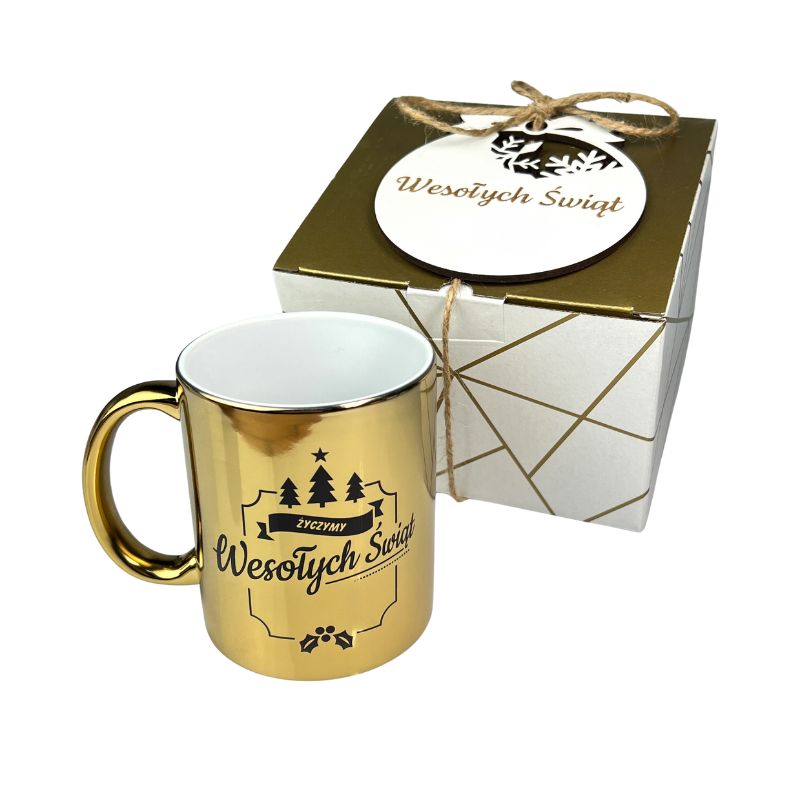 Świąteczny Kubek Złoty Wesołych Świąt Zestaw Prezentowy z Bombką MD1628