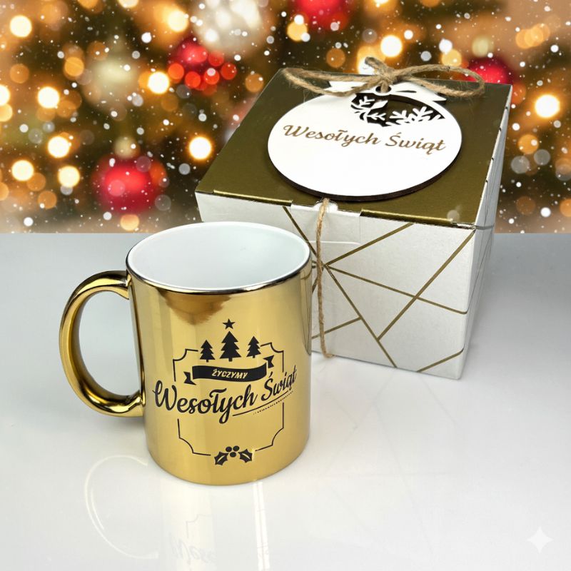 Świąteczny Kubek Złoty Wesołych Świąt Zestaw Prezentowy z Bombką MD1628