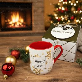 Prezenty Świąteczne dla Firm Złoty Kubek i bombka Wesołych Świąt Zestaw MD1649. Świąteczny kubek z czerwonym uchem i środkiem w zestawie z bombką.