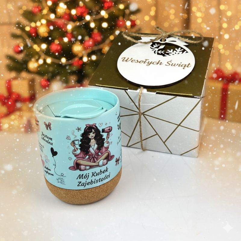 Świąteczny Gadżet dla Kobiety Kubek Zajebistości z Wieczkiem Zestaw MD1652. Mój Kubek Zajebistości, świąteczny zestaw prezentowy. Niebieski kubek 330 ml z korkowym spodem i drewnianym wieczkiem w ozdobnym pudełku z siankiem, obok biała ażurowa bombka z grawerem.